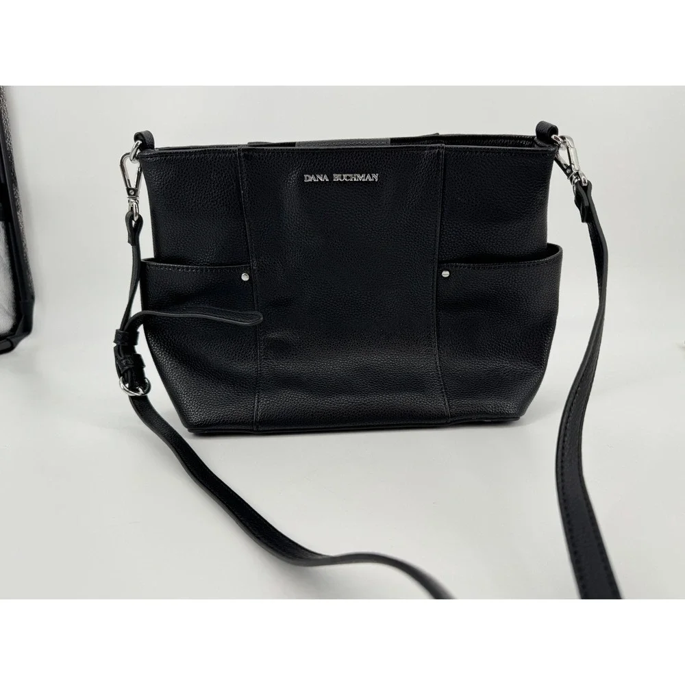Dana Buchman Handbag Women Medium Black Pebbled Crossbody Tote Silver Chain